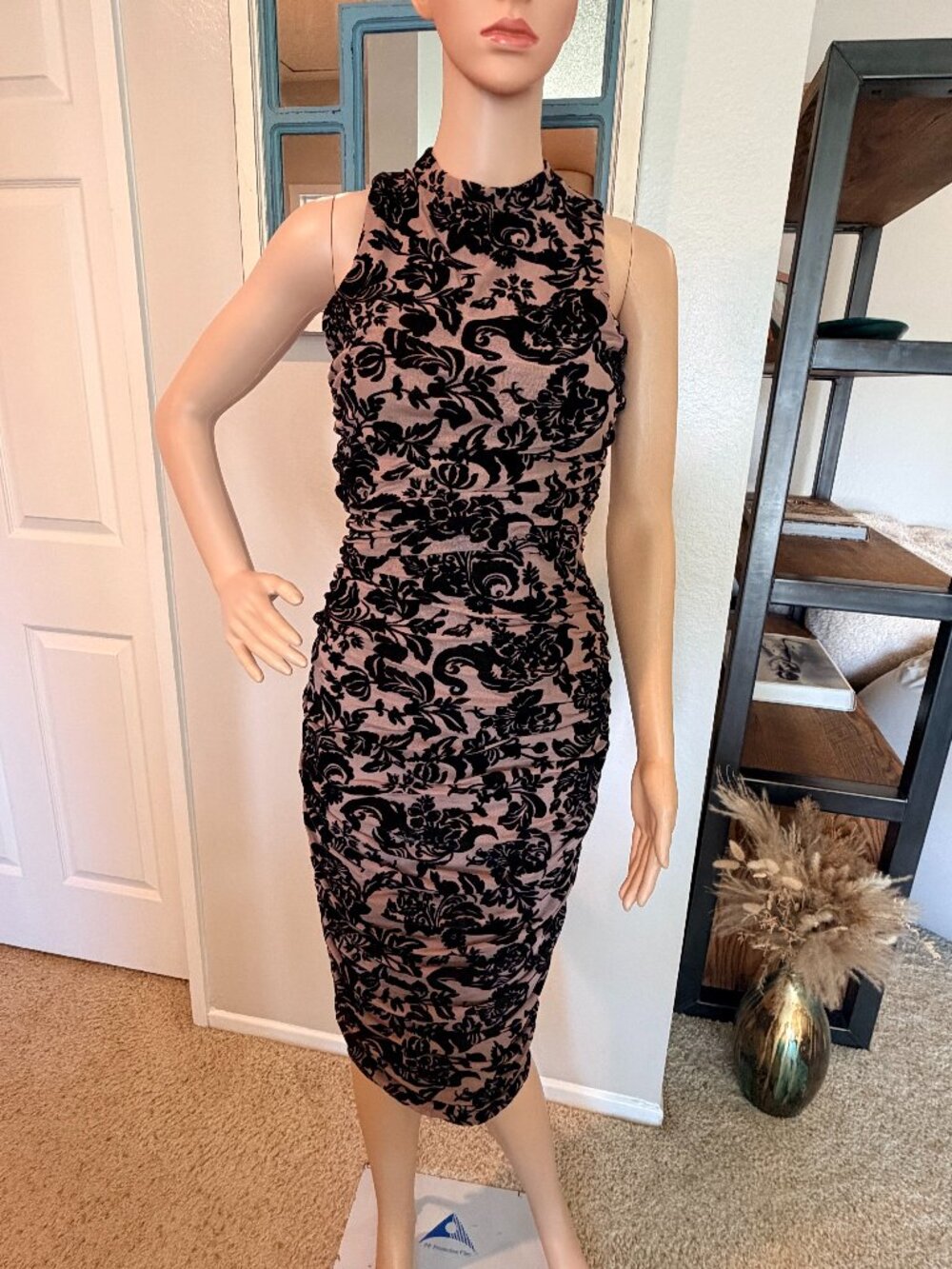 Paper Moo Black Velvet Flocked Floral Ruched Bodycon Midi Cocktail Dress